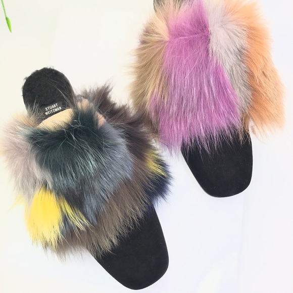 NEW S WeitzmanFurgetit Suede & Fox Fur mules
